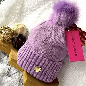 Betsy Johnson Lavender Winter beanie with faux fur pom pom